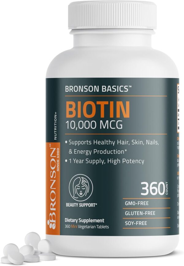 Bronson Biotin 10,000 MCG Supports Healthy Hair, Skin & Nails & Energy Production - High Potency Beauty Support - Non-GMO, 360 Vegetarian Tablets - Image 8