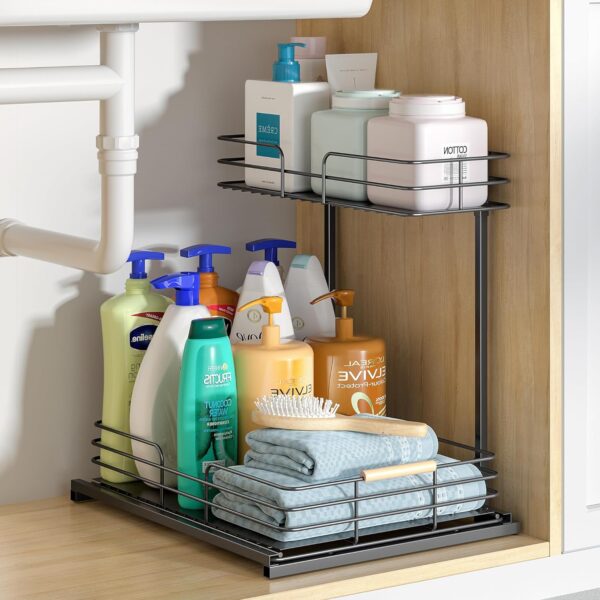 LAMU Under Sink Organizers and Storage, 2 Tier Bathroom Kitchen Cabinet Organizers and Storage, Pull Out Under Sink Storage Kitchen Shelf Organizer for Under Counter Storage Organizer - Image 8